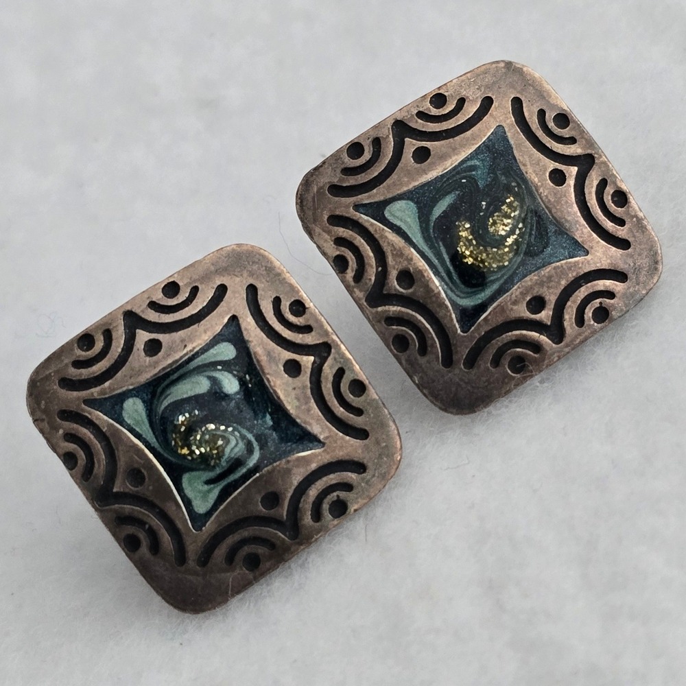 Vintage Newpro Square Stud Earrings Teal Green Enamel Silver Tone Etched Boho